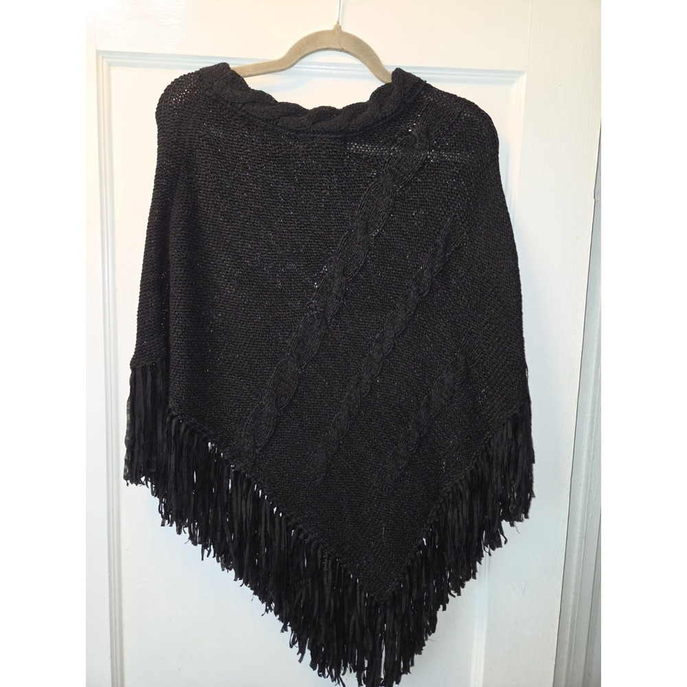 Women's August Silk Knits Fringed Black Poncho Sweater-One Size - Picture 5 of 5